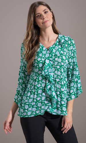 Printed Fill Front Pleated Top - Green/White