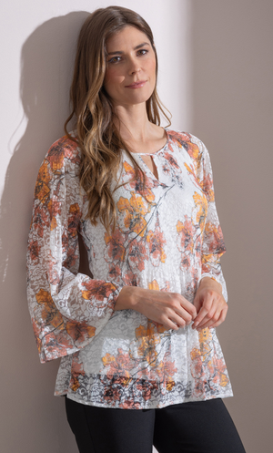 Pleated Lace Printed Top - Ivory/Multi