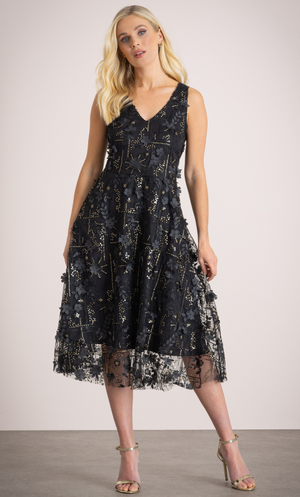 Sleeveless Applique Shimmer Dress - Black/Gold