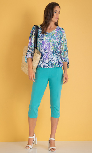 Embellished Pull On Cropped Trousers - Aqua