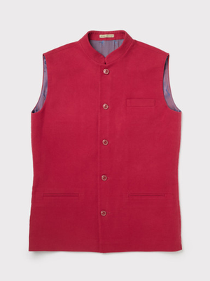 Red Nehru Collar Moleskin Gilet