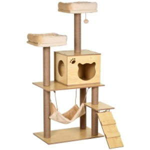 PawHut Árbol Rascador para Gatos Altura 130 cm Torre para Gatos con Postes Rascadores de Yute Camas Hamaca 60x40x130 cm Natural