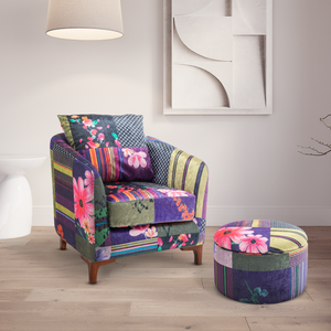 Multicoloured Fabric Patchwork Angela Accent Tub Chair with Ottoman