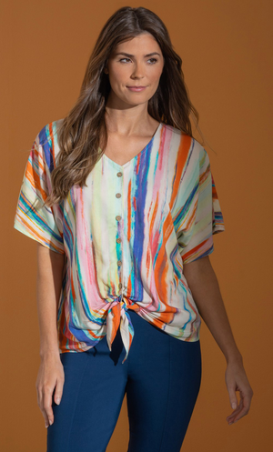 Painted Stripe Tie Front Top - Multi