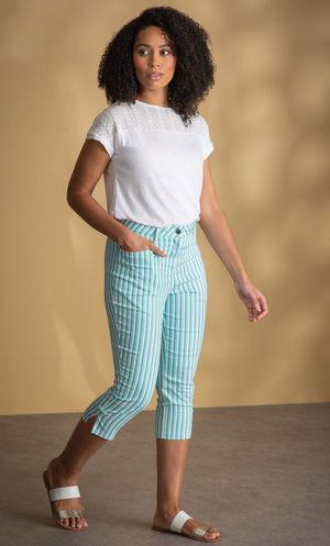 Striped Cropped Trousers - Aqua/White