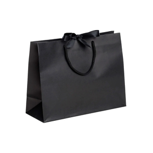 Pack of 25 Medium Landscape Black Paper Gift Bags With Rope Handles and Ribbon