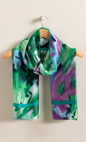 Abstract Floral Print Silk Like Scarf - Green/Multi