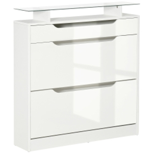 HOMCOM Zapatero Estrecho de 2 Puertas Mueble Zapatero para 16 Pares de Zapatos con Cajón Estante Abierto y Encimera de Vidrio para Pasillo Entrada 89x23x96 cm Blanco