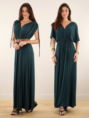 'Robe longue à manches courtes ajourées "Calimshan", Bleu pétrole'