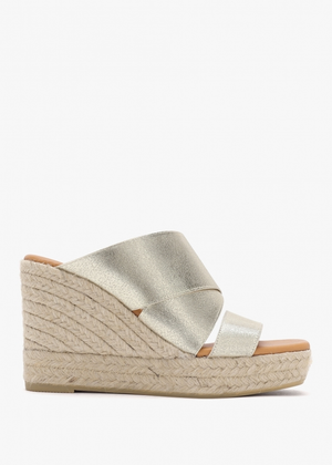 Khloe Gold Cross Strap Wedge Espadrille Mules
