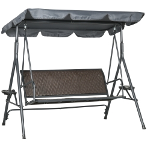 Outsunny 3 Seater Swing Chair - Garden Swing Seat Bench with Adjustable Canopy, Rattan Seat, and Steel Frame for Patio, Yard