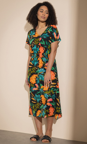 Exotic Floral Print Midi Dress - Black/Orange/Aqua