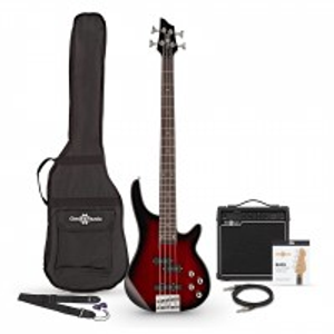 Chicago Bass Guitar Trans Red Burst, 15W Bass Amp & Accessory Pack