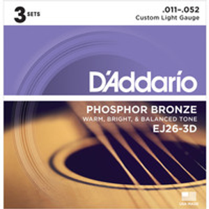 D'Addario EJ26 3D Phosphor Bronze, Custom Light, 11-52 x 3 Pack