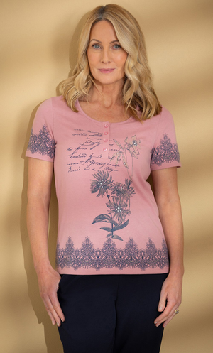 Anna Rose Embellished Garden Print Top - Pink/Navy