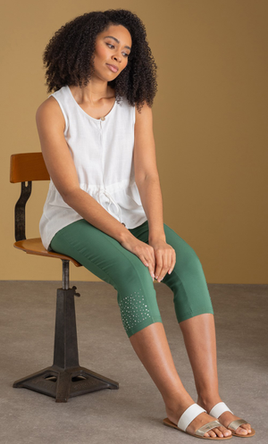 Embellished Pull On Cropped Trousers - Khaki