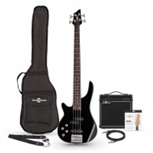 Chicago Left Handed Bass Guitar Black, 15W Bass Amp & Accessory Pack