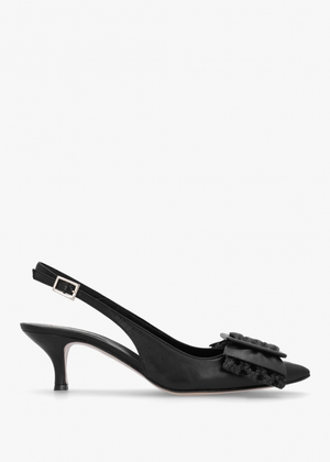 Galina Black Leather Raffia Bow Heeled Sling Back