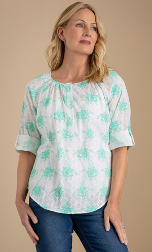 Anna Rose Cotton Schiffli Top - White/Green