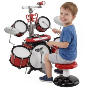 HOMCOM Batería Infantil con Taburete, Jazz Batería Infantil con 4 Tambores, Micrófono, Platos, Baquetas Teclado, Instrumento Musical para Niños +3 Años, Rojo