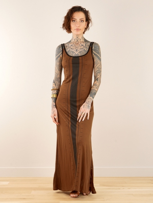 'Robe longue fendue imprimée à bretelles "Electra Umbas", Terre de Sienne'