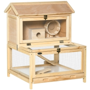 PawHut 2 Tiers Wooden Hamster Cage, Small Animal Cage Hutch with Pull-Out Tray, Openable Top, Ladder, Seesaw, Running Wheel