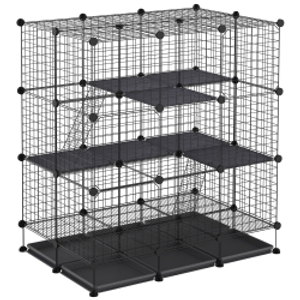 PawHut Jaula para Animales Pequeños Parque Modulable y Desmontable con 4 Puertas 6 Bandejas Extraíbles 111x75x119 cm Negro