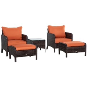 Outsunny 5 Pieces PE Rattan Garden Furniture Set - With 10cm Thick Padded Cushions, Wicker Weave Outdoor Seating Chairs Including 2 Armchairs, 2 Stools, and Glass Top Table, Brown