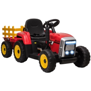 HOMCOM Tractor Eléctrico con Remolque para Niños 3-6 Años con Control Remoto y Cinturón de Seguridad 136,5x50x52,5 cm Rojo