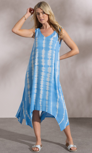Tie Dye Dipped Hem Dress - Blue/White