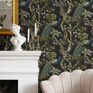 Holden Decor Whispering Peacock Woods Charcoal Wallpaper - 13681