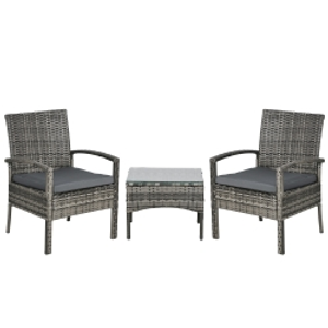 Outsunny 3 Pieces Rattan Bistro Set, Wicker Garden Furniture Set with Glass Top Coffee Table and Chairs, Washable Cushions for Outdoor, Patio, Balcony, Mixed Grey