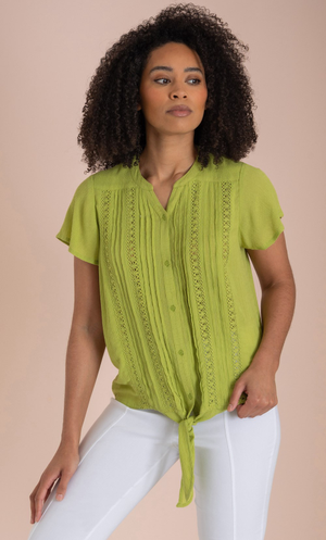Tie Front Short Sleeve Blouse - Lime