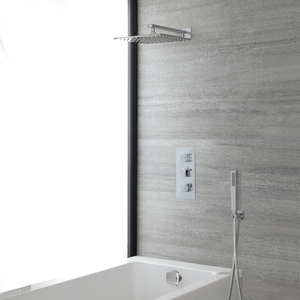 Milano Arvo - Chrome Thermostatic Shower Bath System with 300mm Square Shower Head, Overflow Bath Filler and Hand Shower (3 Outlet)