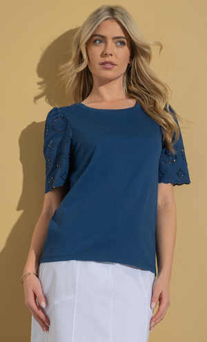 Embroidered Cotton Sleeve Jersey Top - Midnight