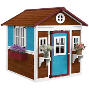Outsunny Wooden Playhouse with Doors, Windows, Plant Pots, Boxes, for 3-8 Years - Dark Brown
