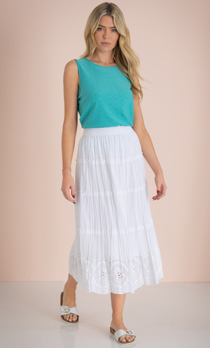 Embroidered Boho Cotton Midi Skirt - White