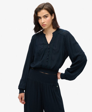 Blouse met lange mouwen, smokwerk en kanten randen