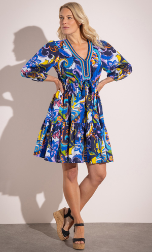 Bold Printed Cotton Dress - Blue/Yellow