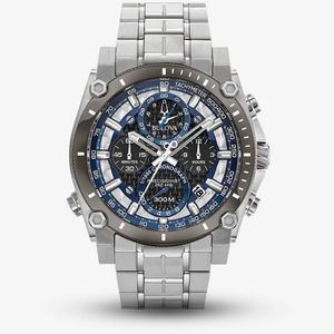Bulova Mens Precisionist Stainless Steel Black and Blue Chronograph Dial Bracelet Watch 98B316