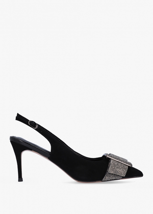 Samantha Black Suede Diamante Buckle Heeled Sling Backs