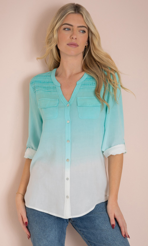 Embellished Dip Dye Shirt - Aqua/White