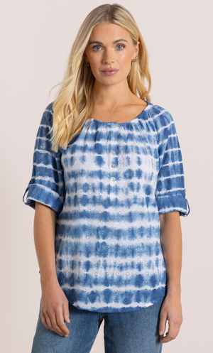 Tie Dye Eyelet Cotton Top - Blue/White