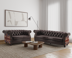 Faux Leather Brown 3 + 2 Seater Union Jack Chesterfield Sofa Set