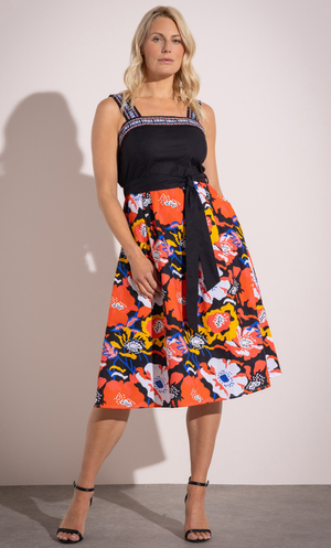 Bold Floral Print Cotton Dress - Black/Multi