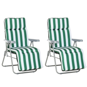 Outsunny 2 Tumbonas de Jardín de Acero con Cojín Acolchado Respaldo Ajustable y Reposapiés 60x75x66-102 cm Rayas Verde