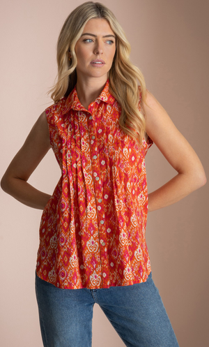 Sleeveless Printed Button Top - Orange/Pink