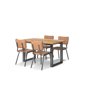 Maine Fixed Dining Table 130cm + 4 Mason Chairs in Vintage Tan Leather-Look fabric with Black Legs