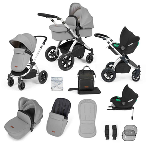 Ickle Bubba Stomp Luxe 12 Piece Travel System with i-Size Cirrus Car Seat & ISOFIX Base - Silver / Pearl Grey / Black