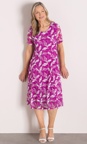 Anna Rose Printed Lace Panelled Dress - Magenta
